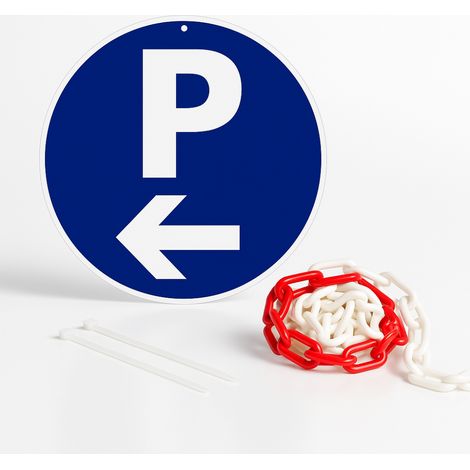Parking flèche à gauche disque rigide prépercé avec chaine plastique rouge/blanc avec collier de serrage de serrage - panneau rond signalisation Diamètre 300 mm
