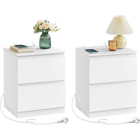 Mesita de noche con regleta mesa auxiliar con 2 cajones 2 tomas de CA 2 puertos USB-A para salón dormitorio oficina moderna blanca 120007607