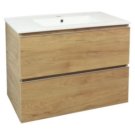 Ondee – Meuble de salle de bain suspendu 80cm – 2 tiroirs avec fermeture progressive – Plan vasque céramique extra-plat – Bois mélaminé