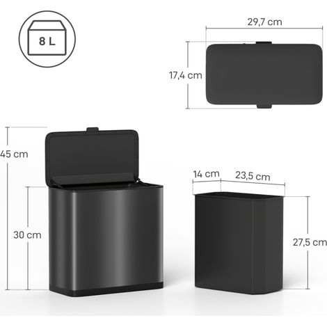 Poubelle noire 8 L en acier inoxydable, à poser ou fixer au mur, corbeille compacte pour cuisine ou salle de bain, design moderne, robuste et facile à nettoyer (1/5)