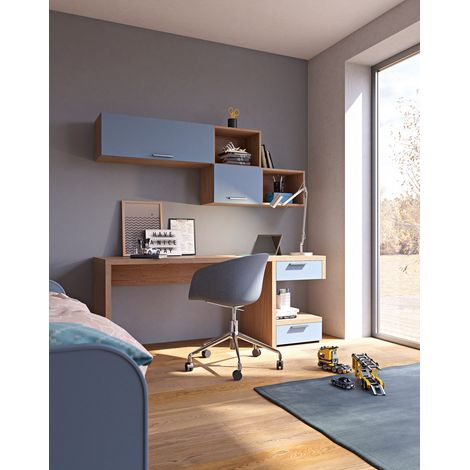 Angolo studio moderno con cassettiera sfalsata per cameretta - Rovere rock e verde petrolio