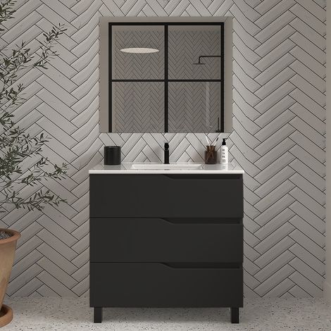 Meuble de salle de bain 60cm simple vasque - 3 tiroirs - noir - MATA (1/4)