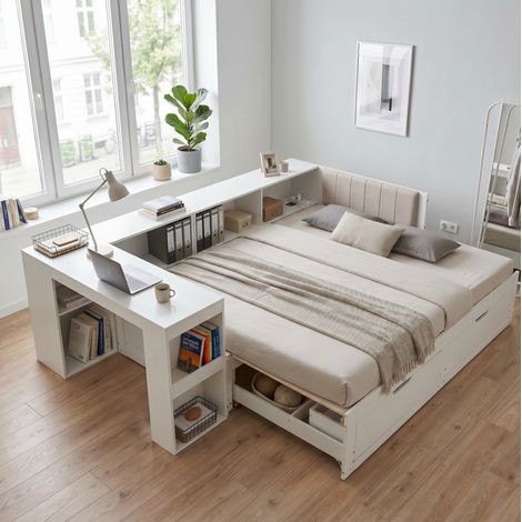 Multifunktionsbett 180/200 cm in Mattweiß mit Schreibtisch, Schubladen und Regalen (1/5)