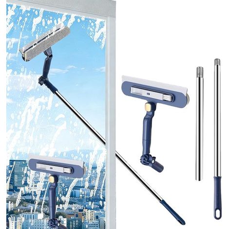 Nettoyeur de vitres 2 en 1 avec manche télescopique 120 cm – Raclette et lave-vitres rotatif à 180° – Pour vitres carrelage miroirs et parois de douche – Bleu (1/5)