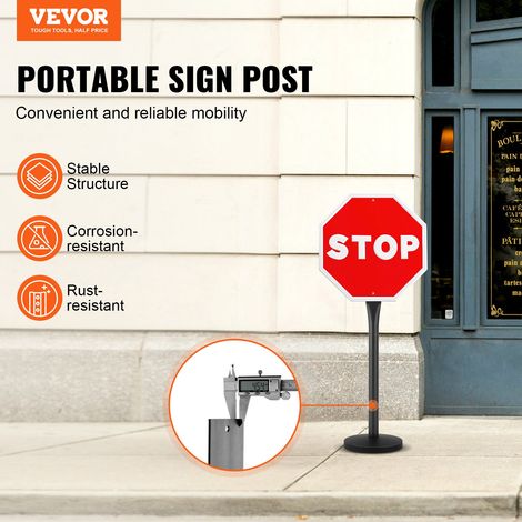 Poteau sur Socle Support Panneau de Signalisation en Fonte, Ensemble de Poteau et de Base pour Panneau de Signalisation 123,5 cm de Long, Support Porte-Affiche pour Sécurité Routière, Noir (1/5)