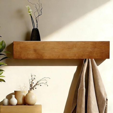 Porte-manteau mural avec étagère, 40 cm, avec 8 crochets, en fer et bois, pour ranger vêtements, sacs et objets décoratifs (1/5)
