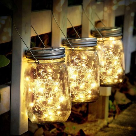 Lumières Solaire Extérieur,3Pièces Lumières de Jardin Solaire 30 LED Imperméable à l'eau Mason Jar Lumières Jardin pour Décoration de L'éclairage Intérieur Extérieur Décoration de Noël (Blanc chaud) (1/5)
