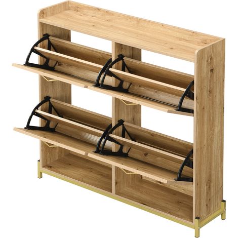 Armoire à chaussures compacte en MDF avec portes en rotin, cadre en métal et étagère supérieure 108,5x24x100 cm bois naturel (1/5)