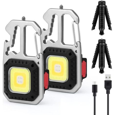 2 PCS Mini Lampe de Travail Portable,Porte-clés Lampe de Poche Étanche Lampes d'inspection Rechargeable, Base Magnétique pour Camping (2PCS+Stand) (1/5)
