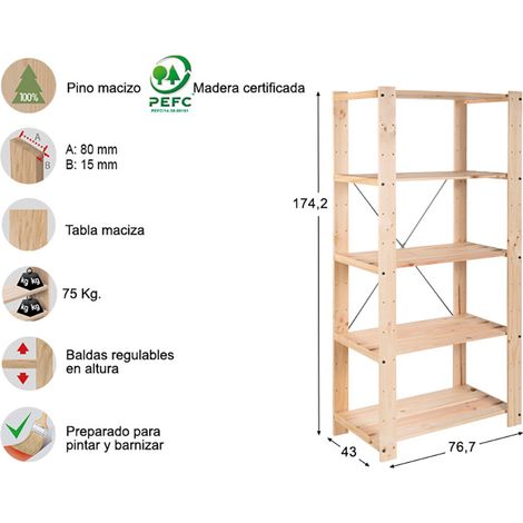 étagère Pin Evolution 5 Robuste, Modulable, Pin Massif - Astigarraga (1/4)
