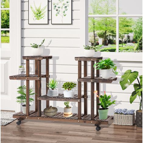 CHICFURN Estantería para plantas de madera marrón oscuro 123,5 x 33 x 80 cm con ruedas (1/5)