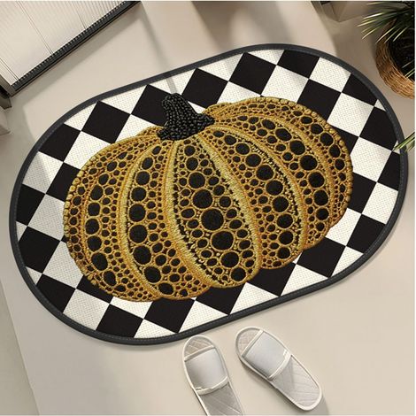 Tapis de Bain Citrouille Damier, Absorbant, Séchage Rapide, Antidérapant, Entretien Facile, 40 x 60 cm, Citrouille Dorée à Pois Noirs (1/5)