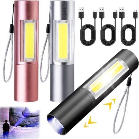 FENOPLASTICALampe Torche LED Rechargeable USB, 3 Pièce Lampe de Poche LED Zoomable Ultra Puissante Lampe Tactique, 3 Modes Eclairage Étanche, Lampe Torche pour Ménage, Camping, Randonnée, Urgence (1/5)