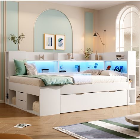 Cama diván 223x162x95 cm de madera blanca con LED y almacenaje, sin colchón – MEUBLIV (1/5)