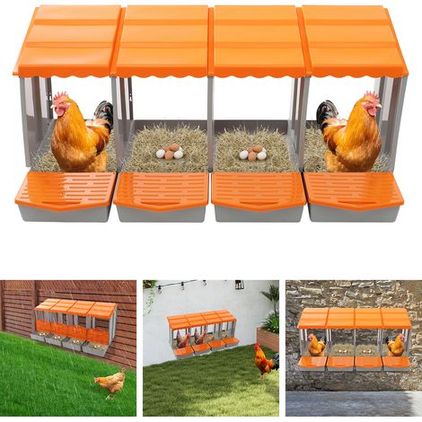 Pondoir pour poules 4 compartiments, 121x51x46 cm, orange, Nichoir à poules en plastique, collecte des œufs, pose libre ou murale, toit incliné anti-pluie (1/5)