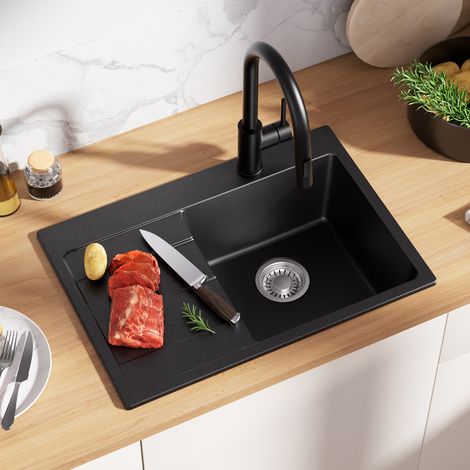 Évier en granit 65 x 45 cm, évier encastré avec siphon, bonde et trop-plein, évier à poser pour la cuisine (1/5)