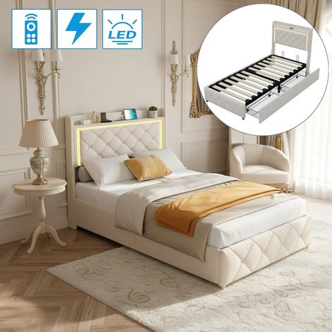 Letto singolo 90x200 cm in velluto beige, letto con 2 cassetti di stoccaggio, rete a doghe in legno, testiera con illuminazione LED e porta USB, decorato con borchie