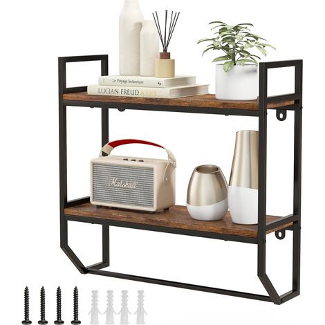 COSTWAY Estantería Flotante de 2 Niveles con Toallero, Estante Colgante de Almacanamiento con Estructura de Metal para Pared, Estantes de Madera Flotante para Sala de Estar,Cocina, Baño (1/5)