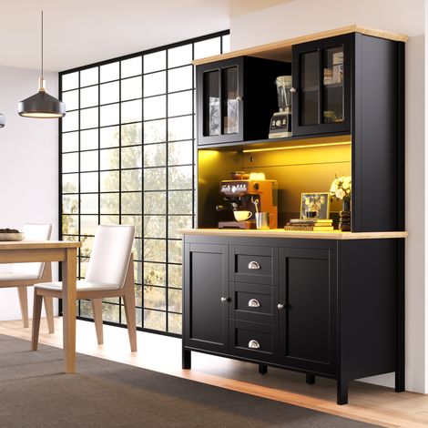 Aparador alto con LED, 120 x 40 x 179 cm, 4 puertas y 3 cajones, MDF y metal, negro DESVIAE (1/5)