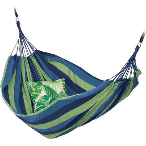 Amaca doppia, portata massima 300 kg, portatile, adatta sia per interni che per esterni, realizzata in puro cotone, 150 x 272 cm, blu-verde. (1/5)