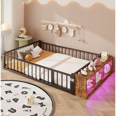 Letto bambino 140 x 200 cm in metallo con sponde di sicurezza, vano aperto e LED, nero DESVIAE (1/5)