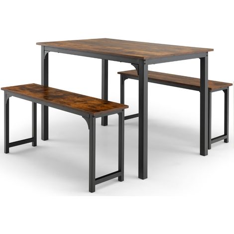 Set di tavolo e 2 panche da cucina con struttura in metallo antiruggine, Set tavolo e sedie da pranzo Marrone (1/5)