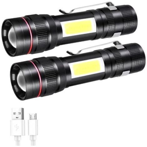 2 PCS Rechargeable LED Torch, 800LM Flashlight 3 Modes & Zoomable, Portable COB Tactical Lamp for Children Gift Camping Hiking Emergency (1/5)