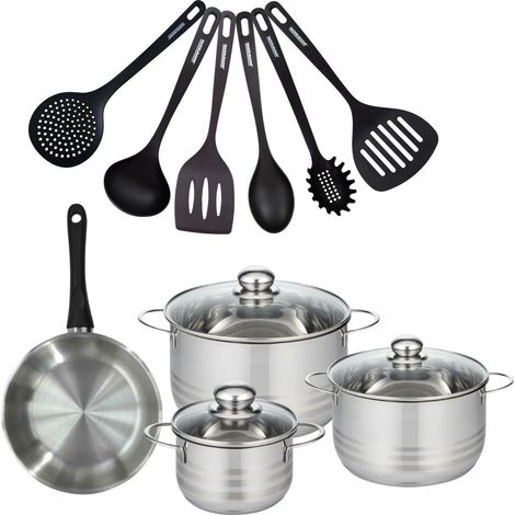 Set de 1 poêle 20 cm en inox, 3 faitouts 16, 20 et 24 cm et 6 ustensiles RPET Fackelmann Geneva (1/5)