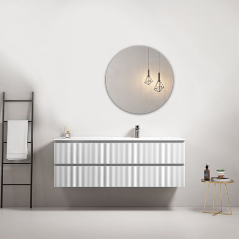 Mobile bagno sospeso cannettato 140 cm Bianco Lavabo a Destra in Resina Specchio Tondo - Fiji Paint (1/4)