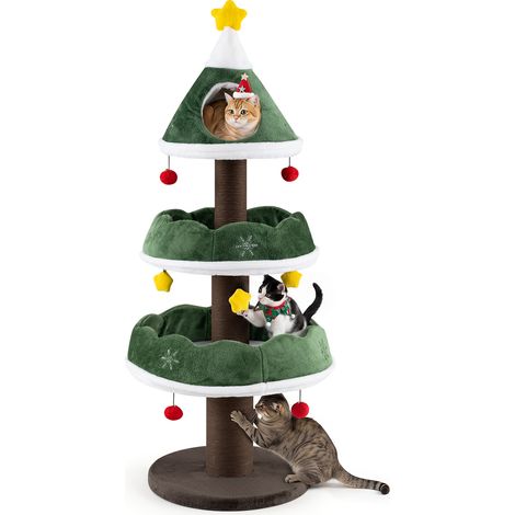 Arbre à Chat Sapin de Noël 143 cm avec Condo, Plateformes Tour pour Chat Multi-Niveaux avec Poteaux à Griffer, Étoile au Sommet, Pompons Suspendus