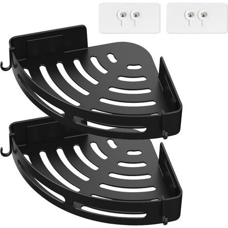 Étagère de Douche d'Angle sans Perçage,Support Adhésif Antirouille avec 2 Crochets pour Salle de Bain, 2 Pièces Noir (ABS Résistant, Installation Facile) (1/5)