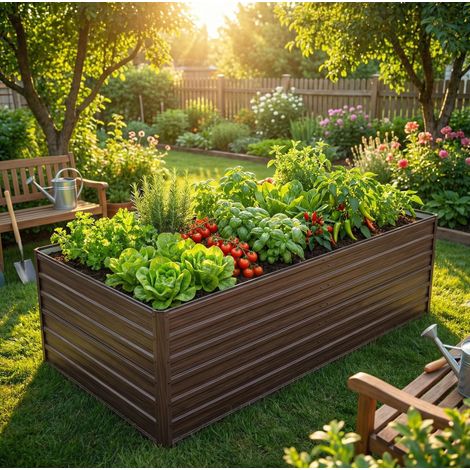Bac potager surélevé 219x112x64 cm bois en métal avec base ouverte et montage facile (1/4)