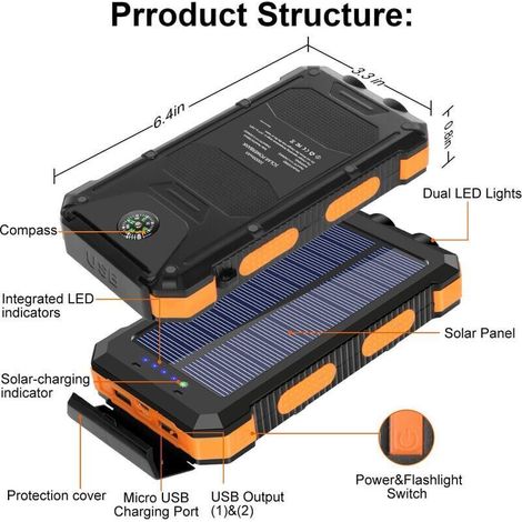 Chargeur solaire 20 000 mAh – 2 ports USB – Charge rapide 3A – Panneau solaire intégré – Étanche et antichoc pour camping
