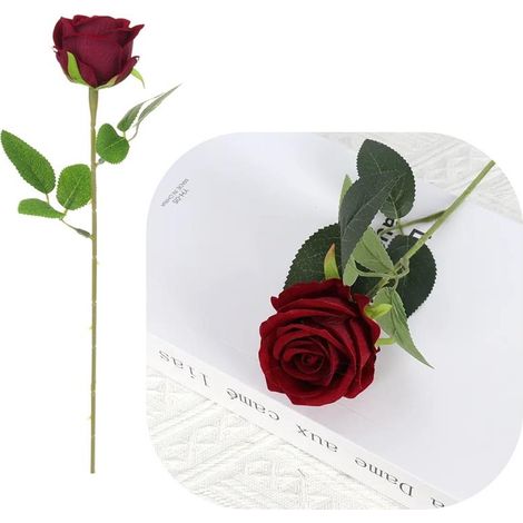 Decorazione floreale artificiale a ramo singolo di rosa vellutata per vaso da 50 cm - Rosso