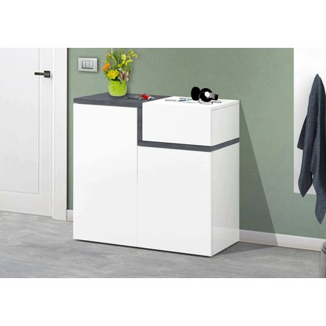 Dmora Zapatero moderno, Made in Italy, con 2 puertas y 1 puerta abatible, Zapatero de entrada, Armario multiusos, 80x40h80 cm, Blanco brillante y Gris pizarra, con embalaje reforzado (1/5)