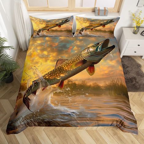 Housse de Couette Poisson 200x200 avec 2 Taies d'oreiller, Parure de Lit Ado Garçon Chasse et Pêche, Sets de Housses de Couettes Coucher de Soleil Jaune, Couvre Lit Animaux sous-Marins (1/5)