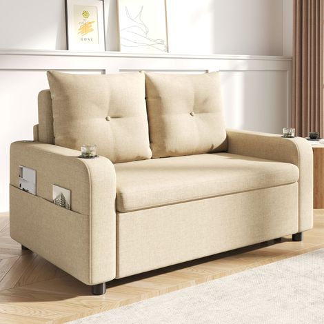 Canapé-lit convertible 3 en 1 beige, canapé double avec porte-gobelets, poches latérales, coussins et port USB (1/5)