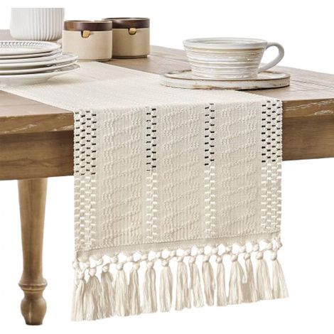 Chemin de table - nappe - Chemin de table style bohème - Chemin de table rose - avec pompons noués - Décoration intérieure tissée style ferme - blanc - 30 x 240 cm (1/5)
