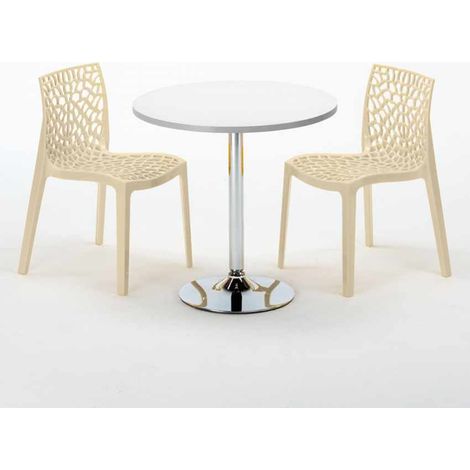 Mesa Redonda Blanca 70x70 cm con Base de Acero y 2 Sillas De Colores Gruvyer Long Island - Beige (1/5)