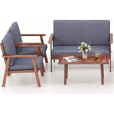 GOPLUS Salon de Jardin Exterieur 4/8 Personnes en Bois Acacia FSC, Canapé Jardin Balcona avec Table Basse, Fauteuil Bois, Siège Rembourré (4 Personnes,Gris) (1/5)