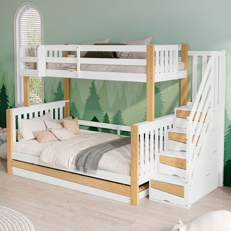 Lit superposé, lit enfant, avec protection anti-chute et barrières, conçu avec trois positions de lit, avec lit gigogne, design spécial du revêtement de porte, escalier d'angle, pin + MDF, blanc + nat (1/5)