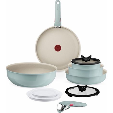 Tefal Ingenio Serenity L828SB04 - Set di 11 pentole con rivestimento antiaderente Mineralia, salvaspazio, impilabili, per tutti i piani cottura, lavabili in lavastoviglie, eucalipto (1/3)