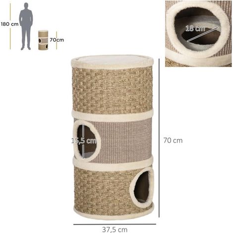 Arbre à chat tonneau sisal naturel et algues marines, peluche douce 37,5x37,5x70 cm kaki café (1/4)