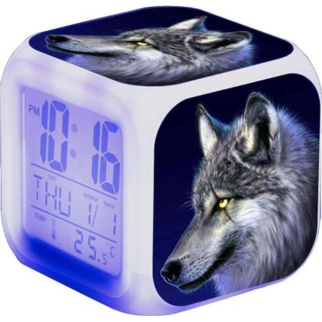 ZOLGINAH Réveil pour enfant Wolf - LED - Réveil de chevet - Carré - Éclairage LCD - Motif loup (3) (1/5)