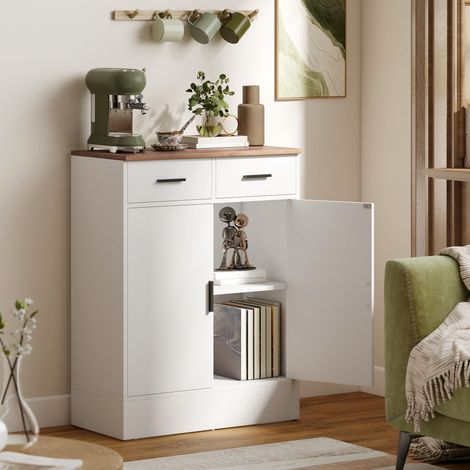 Crédence Moderne 2 Tiroirs et Armoire 2 Portes, Étagère Intérieure Réglable, Blanc et Bois (1/5)