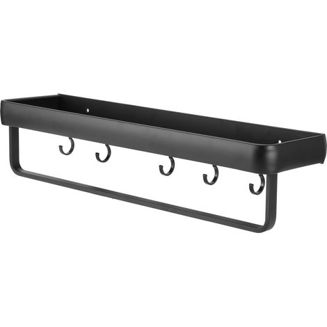Étagère Murale Multifonction 50cm pour Cuisine ou Salle de Bain, Porte-Bouteilles avec Barre et 5 Crochets (1 Niveau)