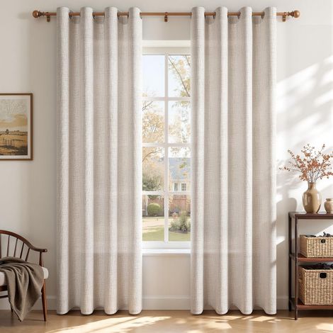 Rideau Voilage Effet Lin Tamisant à Œillets 140 x 240 cm, Rideaux Voilage Semi-Transparents pour Fenetre Baie Vitrée Chambre et Salon, Style Naturel, 2 Panneaux, Brun Clair (1/5)