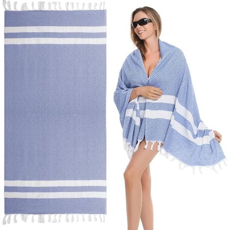 Grande Serviette de Plage,180 100cm Serviette de Plage Coton, Serviette de Bain pour Plage/Sauna(Bleu) (1/5)