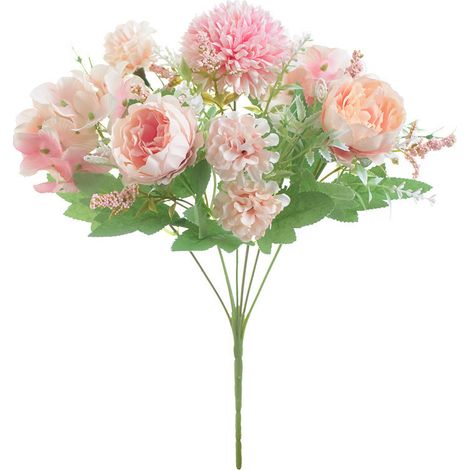 Fleurs artificielles, lot de 2 fausses pivoines en soie rose clair, hortensias, décoration de bouquet, œillets et marguerites en plastique (roses)