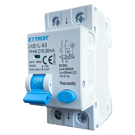 ETTROIT Differenzialschutzschalter 1P+N 10A 6kA 30mA 220V belegt 2 DIN-Module JX271061